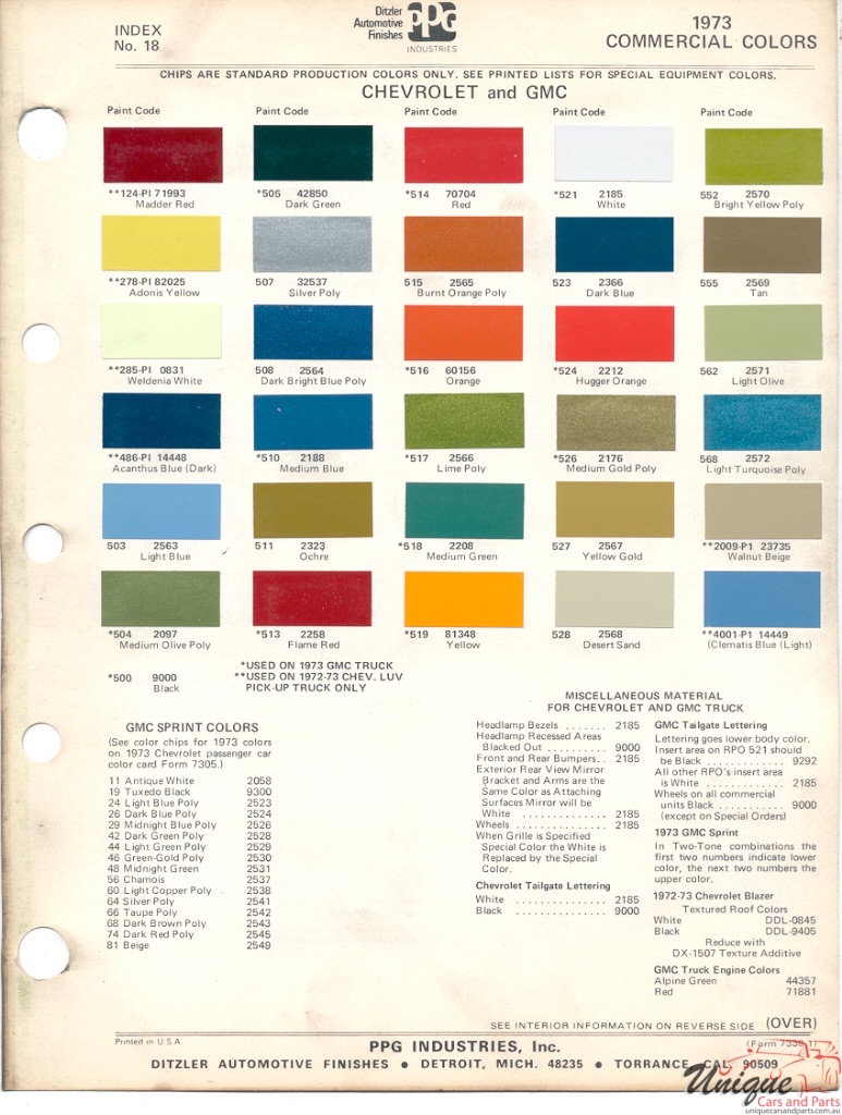 1973 GMC Truck Paint Charts PPG 1